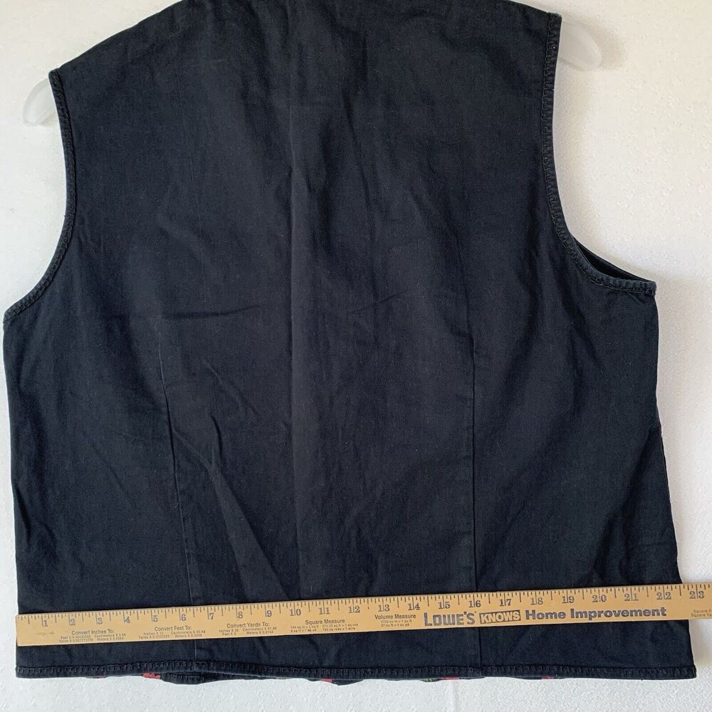 British Khaki Vest Women 1X Black Denim Snap Buttons Beaded Boho Artsy Floral - Picture 6 of 16